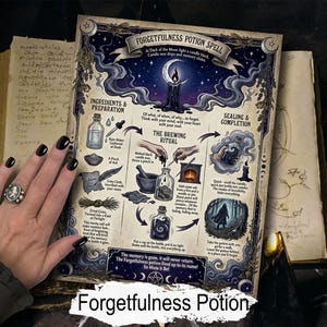 May include: A detailed illustration of a "Forgetfulness Potion Spell" with instructions and ingredients. The artwork features a night sky, a crescent moon, and a candle. The text includes "Ingredients & Preparation" and "Sealing & Completion."