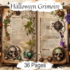 Puede incluir: Un libro abierto con una textura envejecida, similar al pergamino. El libro está decorado con intrincadas ilustraciones de calaveras, flores y enredaderas. El título "Halloween Grimoire" está escrito en una fuente decorativa en la parte superior del libro. El libro tiene 36 páginas.