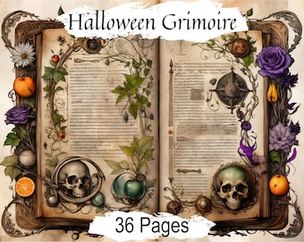 Può includere: Un libro aperto con una texture invecchiata, simile alla pergamena. Il libro è decorato con intricate illustrazioni di teschi, fiori e viti. Il titolo "Halloween Grimoire" è scritto in un font decorativo in cima al libro. Il libro ha 36 pagine.