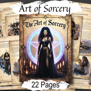 Könnte beinhalten: Eine Sammlung von Fantasy-Kunstdrucken mit dem Titel "Art of Sorcery" und dem Text "22 Pages". Das zentrale Bild zeigt eine Frau in einem schwarzen Kleid, umgeben von Kerzen und einem leuchtenden Pentagramm. Weitere Seiten zeigen Illustrationen und Text.