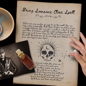 Bring Someone Close Spell displayed with a womans hand and spell ingredients ready to be used.