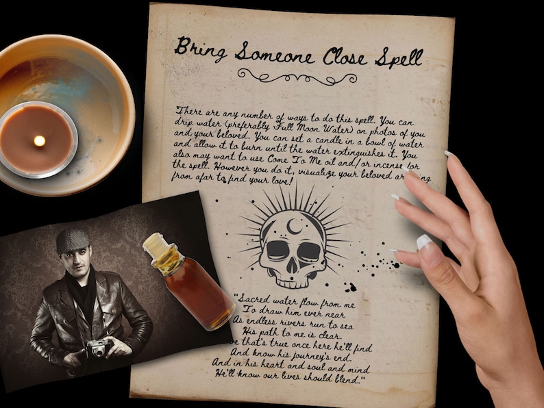 Bring Someone Close Spell displayed with a womans hand and spell ingredients ready to be used.