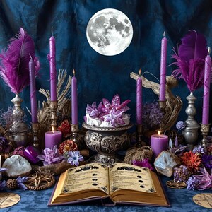 Magical moon altar with candles, books, and crystals against a dark blue background with a full moon.