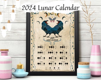 LUNAR CALENDAR 2024, Crow Moon, Wicca Witch Moon Phase Lunar Cycle Chart, Printable Spellbook Page, Makes a Great Gift