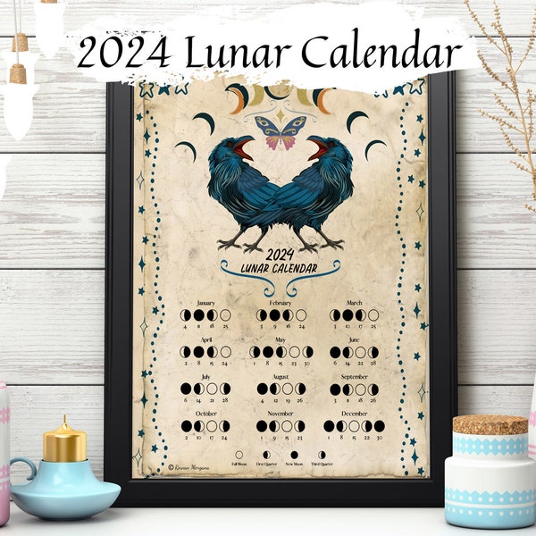 LUNAR CALENDAR 2024, Crow Moon, Wicca Witch Moon Phase Lunar Cycle Chart, Printable Spellbook Page, Makes a Great Gift