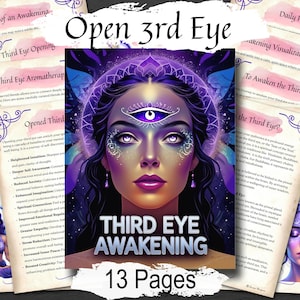 May include: A digital print titled "Open 3rd Eye" featuring a woman with a third eye, surrounded by text and illustrations. The central image is a vibrant portrait with purple and blue tones. The text includes "Third Eye Awakening" and "13 Pages".