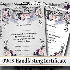 OWLS HANDFASTING CERTIFICATE, Printable Witchcraft Wicca Pagan Wedding Ceremony, Marriage Ritual ...
