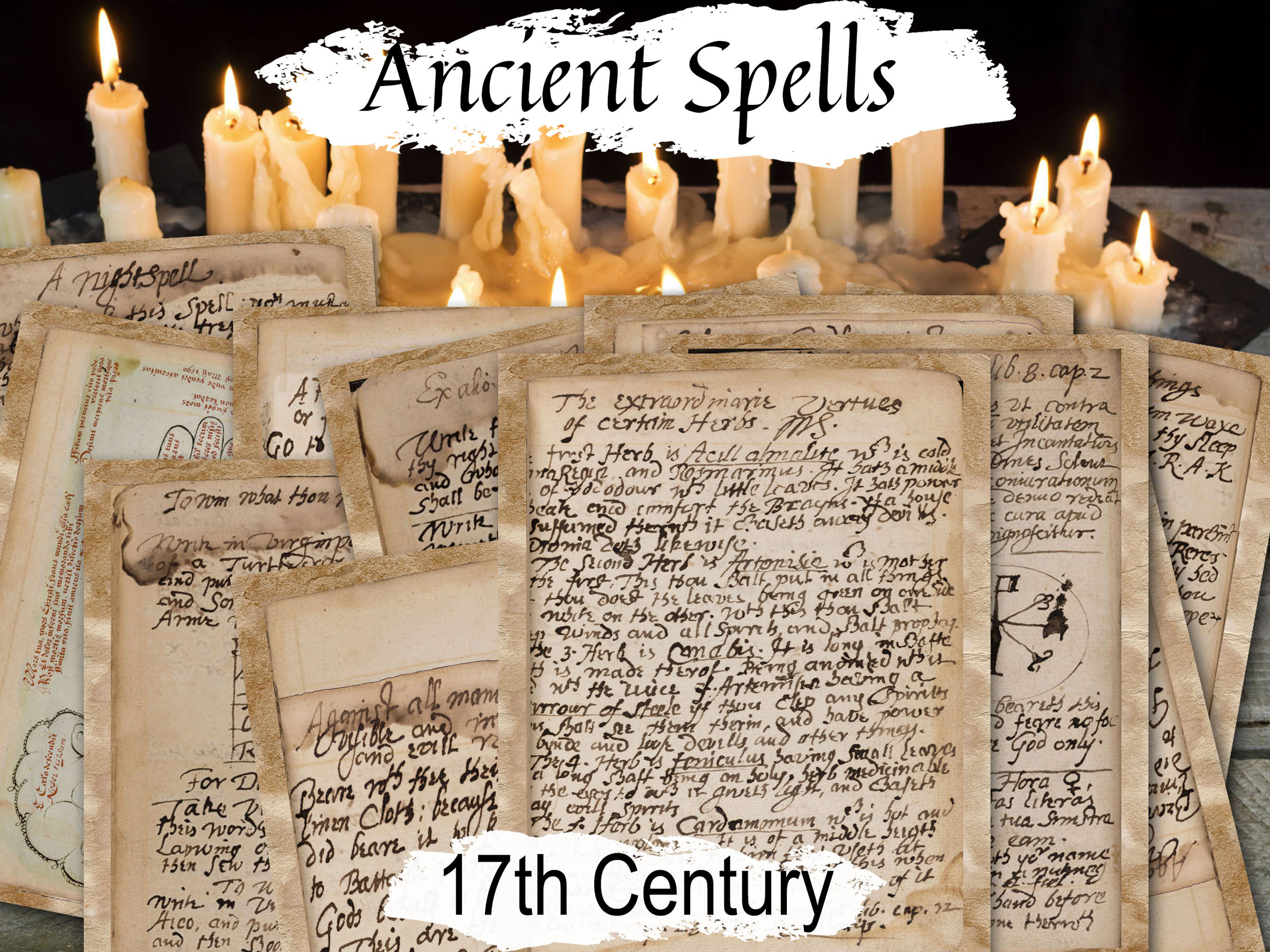 ANCIENT SPELLS BUNDLE, 17th Century Witchcraft, 25 Printable Pages of Old Witch Handwritten Spells and Translations, Genuine Witchcraft
