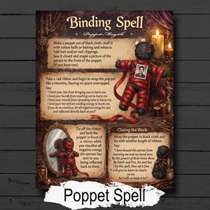 May include: A poster detailing a Binding Spell, with a black poppet doll wrapped in red ribbon as the central image. The text provides instructions for the ritual, including the use of a mirror. The words "Poppet Spell" are displayed at the bottom.