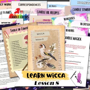 Pode incluir: Um guia digital imprimível colorido sobre magia de velas, com uma tabela de conteúdo, uma lição sobre Wicca e uma seção sobre magia de velas. O guia inclui informações sobre as cores, os símbolos e as correspondências das velas.