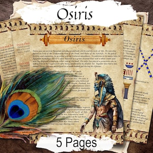 May include: Five aged paper pages with text and illustrations about Osiris, an ancient Egyptian god. A peacock feather and the word "Osiris" are also visible. The pages have a vintage, antique aesthetic.