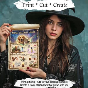 Woman wearing a black witch hat holds an Animal Wellness Magick printable spell page featuring a dog and cat