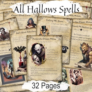 Puede incluir: Una colección de 32 páginas imprimibles con temas de Halloween, hechizos y recetas. Las páginas están decoradas con ilustraciones de murciélagos, vampiros, hombres lobo y otras criaturas espeluznantes. El texto incluye títulos como "Raven's Blood Curse", "Zombie Apocalypse" y "Nosferatu Dream Pillow".