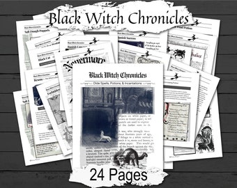 BLACK WITCH CHRONICLES, Witchcraft Forbidden Knowledge, Occult Library, Banishing Potions & Incantations, Flying Oil,  24 Printable Pages