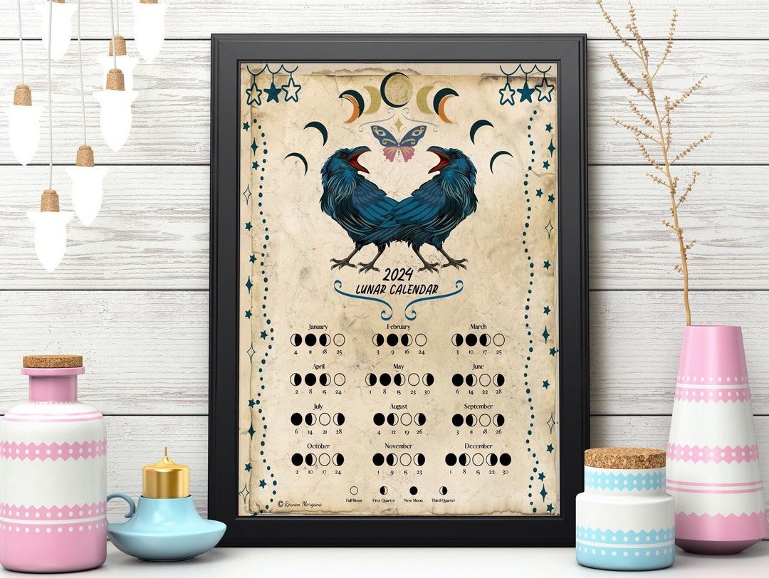 LUNAR CALENDAR 2024, Crow Moon, Wicca Witch Moon Phase Lunar Cycle