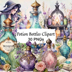 Könnte beinhalten: Eine Sammlung von 30 Clipart-Bildern von Zaubertrankflaschen. Die Flaschen sind in verschiedenen Formen und Größen, mit aufwendigen Details und bunten Flüssigkeiten. Die Flaschen sind von Blumen und Grün umgeben, und einige stehen auf einem Regal mit einer Kerze.