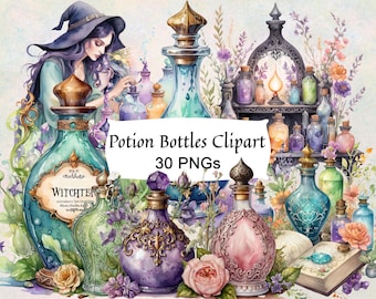 Peut inclure: Un ensemble de 30 images clipart de fioles de potion. Les fioles sont de formes et de tailles variées, avec des détails complexes et des liquides colorés. Les fioles sont entourées de fleurs et de verdure, et certaines sont sur une étagère avec une bougie.