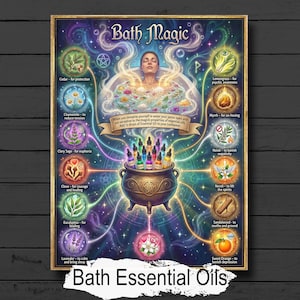 May include: A framed poster titled "Bath Magic" featuring a woman in a bath surrounded by colorful illustrations. The poster includes text about essential oils and their uses, with a cauldron and bottles of oil. The words "Bath Essential Oils" are at the bottom.