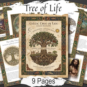May include: A collection of nine pages featuring Celtic Tree of Life art. The central image depicts a detailed tree with roots, branches, and text labeling the upper, middle, and lower worlds. The pages have decorative borders and the text "Tree of Life".