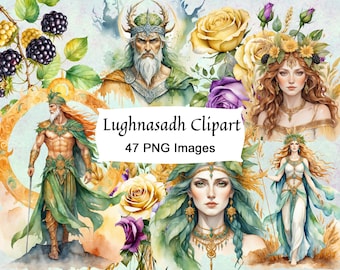Conjunto de imágenes prediseñadas de Lughnasadh: Gráficos rituales paganos, uso comercial, 47 PNG de acuarela
