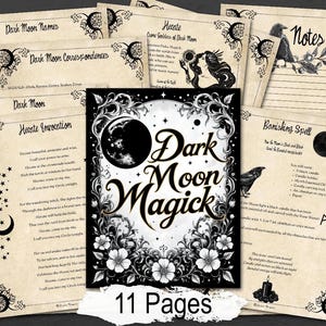 Dark Moon Magick themed pages set with decorative elements on a wooden surface.
