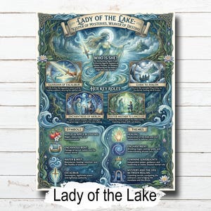 May include: A poster titled "Lady of the Lake" with detailed illustrations. It features a central figure, key roles, symbols, and themes. The artwork is predominantly blue and green, with text in a decorative font. The poster is on a white wooden surface.