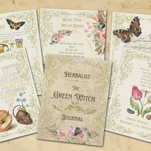 Green Witch Journal front page, hazelnut, tulip, black toad and two fancy scrip ephemera pages - Morgana Magick Spell