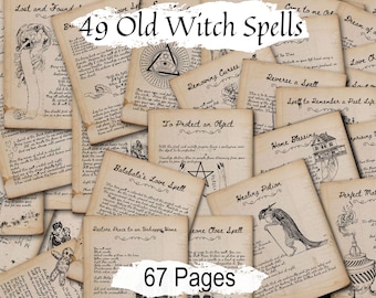 Paquete DE HECHIZOS DE BRUJA ANTIGUA, 49 hechizos imprimibles, 67 páginas de magia manuscrita de brujería antigua para su libro de hechizos Wicca