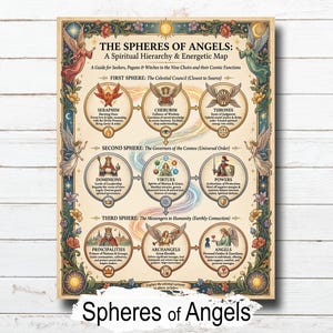May include: A decorative poster titled "The Spheres of Angels: A Spiritual Hierarchy & Energetic Map." The poster features detailed illustrations of angels and celestial bodies, with text describing the nine choirs and their functions. The poster is framed with floral and celestial designs.