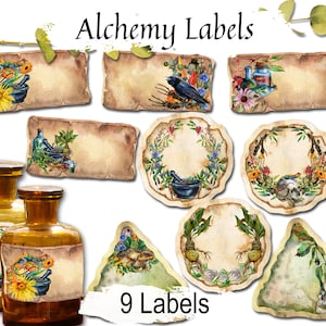 ALCHEMY LABELS, 9 Printable Occult Hermetic Stickers, for your Poison, Hex, Spell Bottles and Witchcraft Potions
