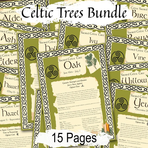 Bundle d'arbres celtiques, druide des mois, calendrier magique des arbres celtiques, signification des arbres, alphabet d'ogham, arbre de vie, 15 pages de grimoire imprimable