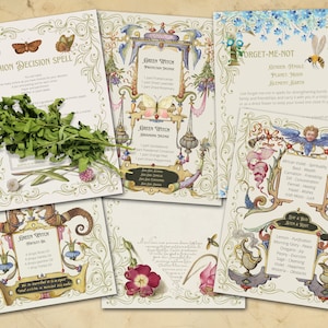 Six Green Witch Garden Pages include Onion Decision Spell, Forget Me Not, Fancy floral blank page, Herb Correspondences, Green Witch Oil Recipes, and Green Witch Incense Recipes.