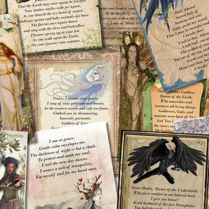 Peut inclure: Un collage d'impressions d'art mystiques représentant des déesses, des figures mythologiques et des vers poétiques. Les images sont encadrées et non encadrées, avec une esthétique vintage, mélangeant illustrations et texte manuscrit.