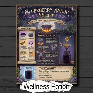 Könnte beinhalten: Ein illustriertes Rezept für Holundersirup mit Zutaten wie getrockneten Holunderbeeren, Zimt und Honig. Die Illustration hat ein mystisches Thema mit einem mondbeschienenen Hintergrund und dem Text "Wellness Potion."