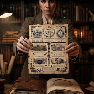 K&ouml;nnte beinhalten: Ein rechteckiges Pergamentpapier mit verbrannten, ausgefransten Kanten und dem Titel Why Spells Fail. Das Dokument enth&auml;lt sechs nummerierte Abschnitte mit detaillierten Illustrationen, darunter ein Kompass, eine Sanduhr, ein Kessel und eine Feder, gedruckt in dunkler Tinte.
