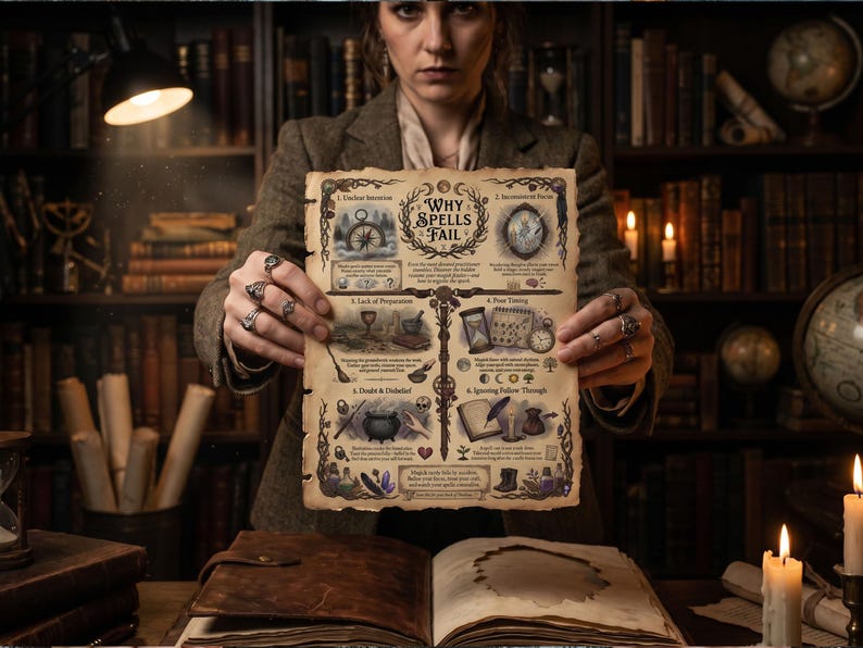 K&ouml;nnte beinhalten: Ein rechteckiges Pergamentpapier mit verbrannten, ausgefransten Kanten und dem Titel Why Spells Fail. Das Dokument enth&auml;lt sechs nummerierte Abschnitte mit detaillierten Illustrationen, darunter ein Kompass, eine Sanduhr, ein Kessel und eine Feder, gedruckt in dunkler Tinte.