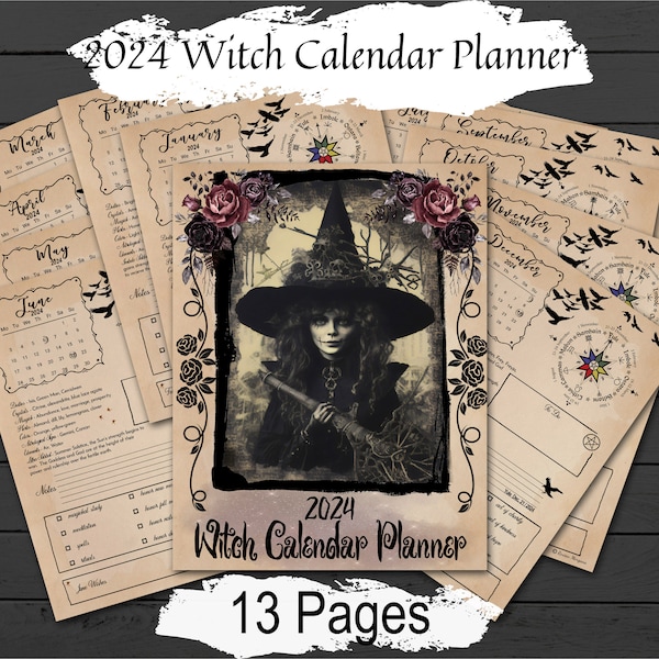 2024 CALENDAR PLANNER 13 Printable Pages, One page for each month plus a witchy Title Page, Plan your 2024 Pagan Wiccan Sabbats and Esbats