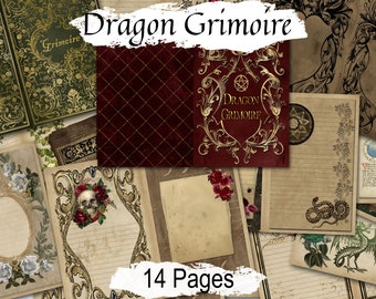 DRAGON GRIMOIRE, Printable Digital Junk Journal Kit for your Book of Shadows or Spellbook, Mystical World, Fire-Breathers, Fantasy Realm