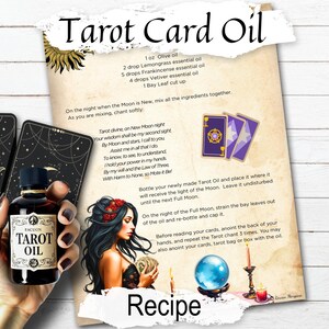 Aceite de tarot, receta de aceite para bendición y unción, magia adivinatoria, poción de oráculo wicca, lectura de cartas, libro de hechizos imprimible