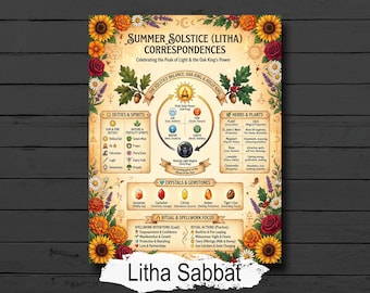 Litha Sabbat Infographic: Summer Solstice, Book of Shadows Printable (JPG & PDF)