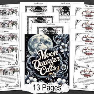 Moon Quarter Calls pages with 13 pages of cards on a wooden surface