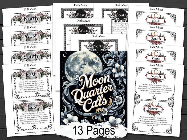 Moon Quarter Calls pages with 13 pages of cards on a wooden surface