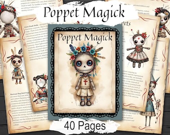 May include: A vintage-style book cover with the title "Poppet Magick" and a colorful illustration of a rag doll with a floral crown. The book cover also features the text "40 Pages".