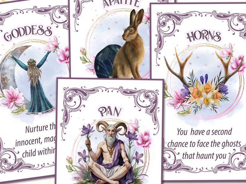 OSTARA ORACLE CARDS, Closeup view of cards with pale pink background, purple ornate scroll borders, golden circle with Ostara art and oracle text - Morgana Magick Spell