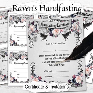 RAVENS HANDFASTING, Printable Pagan Wicca Certificate & Invitation,  Certificate - 8.5 x 11", Invitation - 4x 5", Grey and White Backgrounds