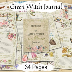 Green Witch Junk Journal Kit 34  pages, including labels and seed packages. Pretty vintage style pages with flowers, butterflies, recipes, spells, and incantations - Morgana Magick Spell
