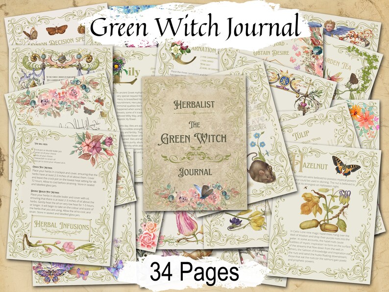 Green Witch Junk Journal Kit 34  pages, including labels and seed packages. Pretty vintage style pages with flowers, butterflies, recipes, spells, and incantations - Morgana Magick Spell