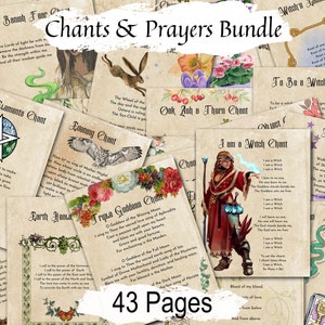 May include: A collection of 43 printable pages featuring chants and prayers for witches. The pages are decorated with illustrations of nature, including flowers, owls, and a snake. The text is written in a vintage style font.