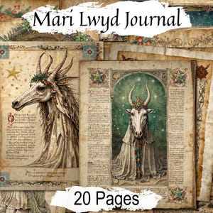Op de afbeelding: Een vintage-stijl dagboek met 20 pagina's met illustraties van mythische wezens. De omslag toont een wit wezen met hoorns en een kroon, en de tekst "Mari Lwyd Journal".
