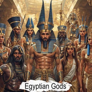 May include: An artistic depiction of several Egyptian gods and goddesses. The figures are adorned in gold and blue headdresses and jewelry. The image includes the text "Egyptian Gods" in a white banner.